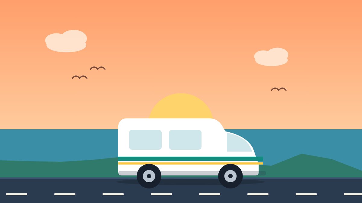 Illustrazione: camper al tramonto sul mare